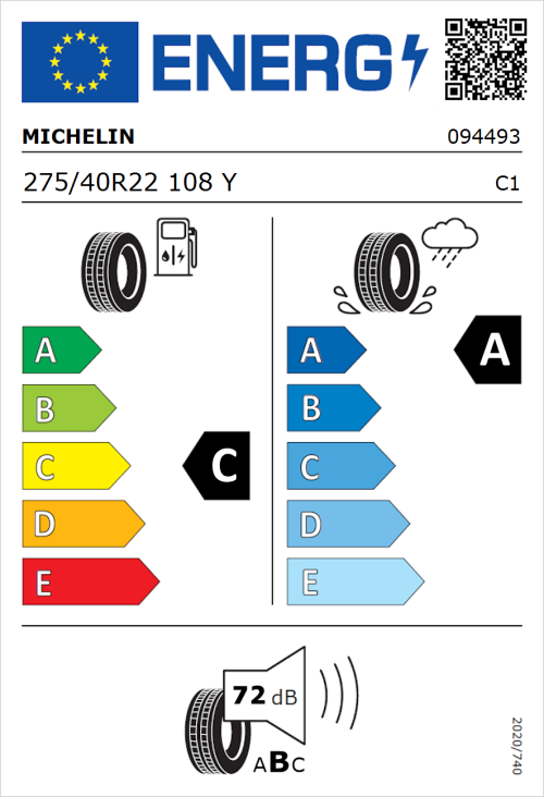 Tyre Label for Michelin Pilot Sport 4 275/40R22 108Y