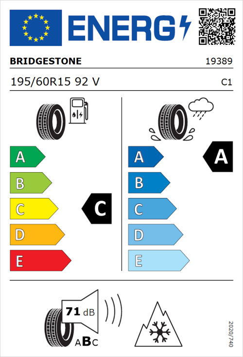 Tyre Label for Bridgestone Weather Control A005 EVO 195/60R15 92V