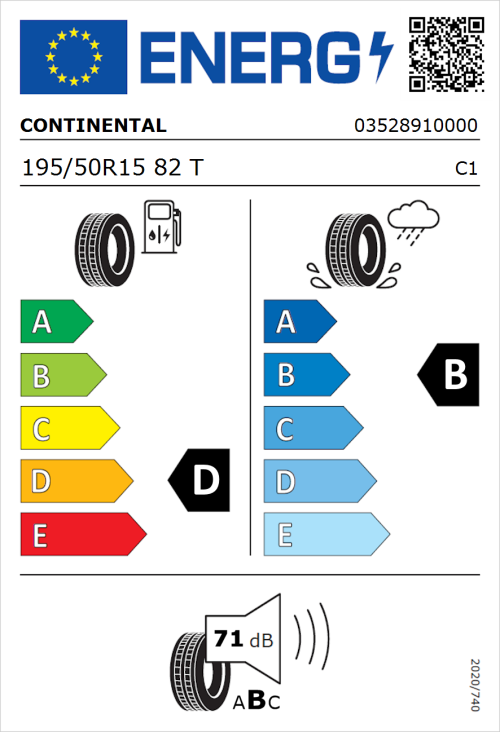 Tyre Label for Continental ContiPremiumContact 2 195/50R15 82T
